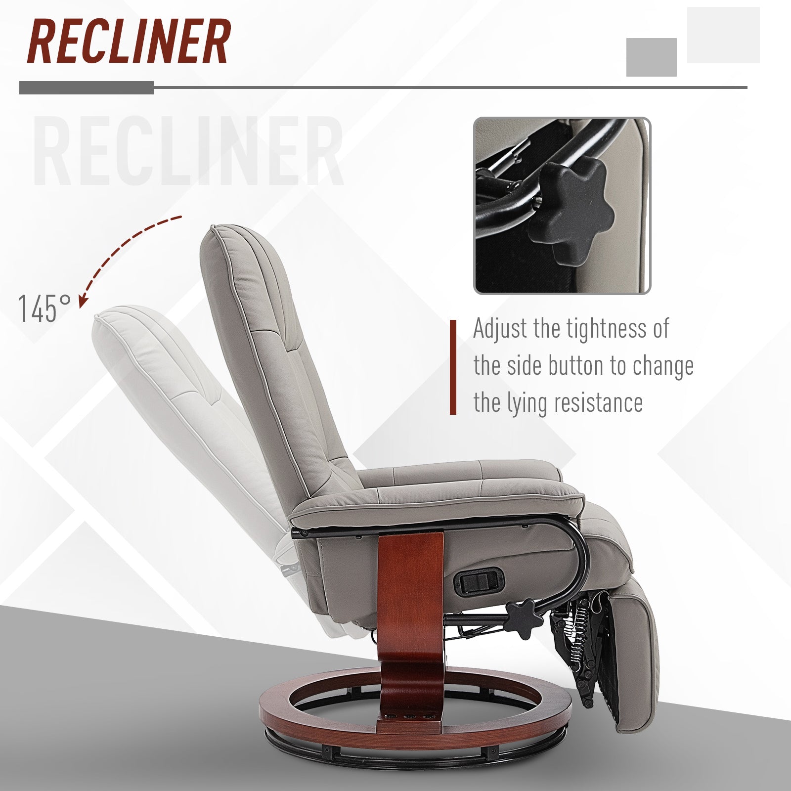 HOMCOM 360° Swivel Recliner Chair with Footstool, Manual Recliner Armchair with Wooden Base, Faux Leather Upholstered Reclining Chair for Living Room, Bedroom, Office, Grey